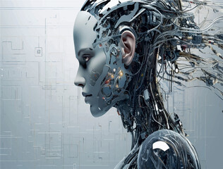 background illustration of female artificial intelligence with copy space