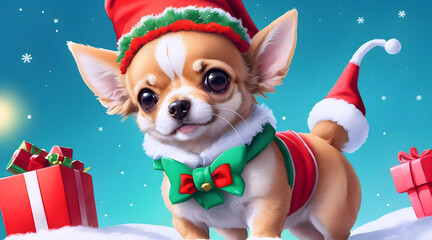 A cute chihuahua wears a Santa Claus costume on Christmas day with beautiful decorations.