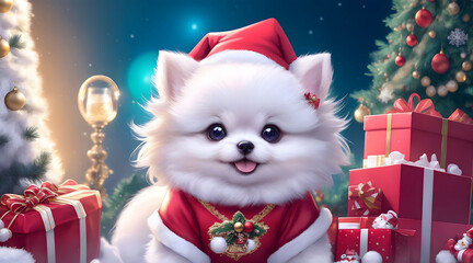 A cute white Pomeranian wears a Santa Claus costume on Christmas day with beautiful decorations.