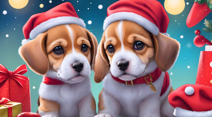 A cute beagle wears a Santa Claus costume on Christmas day with beautiful decorations.