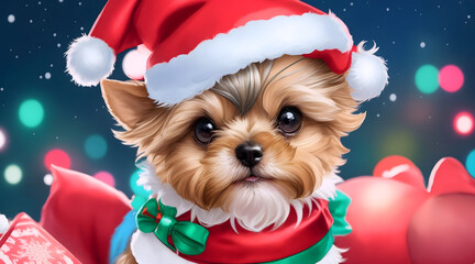 A cute Yorkshire terrier wears a Santa Claus costume on Christmas day with beautiful decorations.