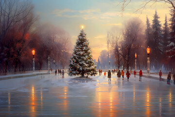 Imitation of a vintage Christmas card painted in oil with blur. People skate on a winter skating rink in the evening in the park, in the center there is a Christmas tree.Design for Christmas cards - obrazy, fototapety, plakaty
