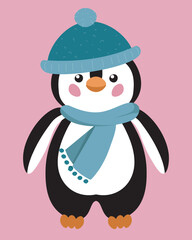 Vector flat illustration. Cute penguin in a winter blue hat and scarf on pink background. Arctic animals. Kids vector penguin.