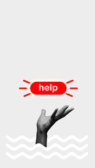 Human hand and word help over light background. Assistance and personal support. Contemporary art collage. Concept of support, office, call center, hot line, profession, communication