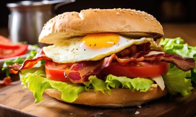 A Delicious Bacon, Egg, and Lettuce Sandwich on a Rustic Cutting Board