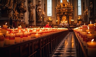 A Serene Glow: Candlelight Illuminates a Checkered Church Floor