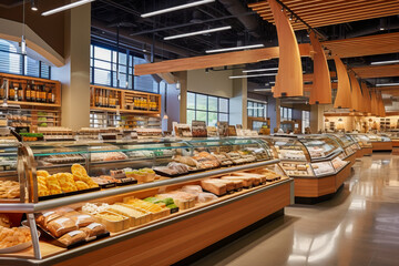 Modern grocery store showcasing fresh produce, ambient lighting, organized layout.