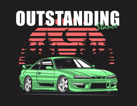 90s automotive car modification vector design and nature background illustration