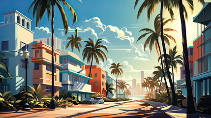 Illustration of a city with palm trees - obrazy, fototapety, plakaty