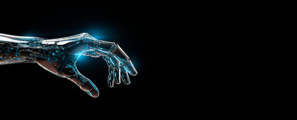 Robot hand with luminous elements on a black background. Stylized robot hand. Copy space. Future technologies, robotics. Place for text