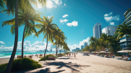 A beach with a big city in the background like Miami - obrazy, fototapety, plakaty