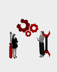 Women standing with fixing tools and broken gear symbolizing dealing with problems. Contemporary art collage. Concept of support, office, call center, hot line, profession, communication