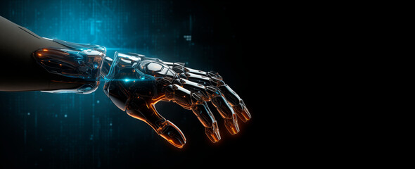 Robot hand with luminous elements on a black background. Stylized robot hand. Copy space. Future technologies, robotics. Place for text
