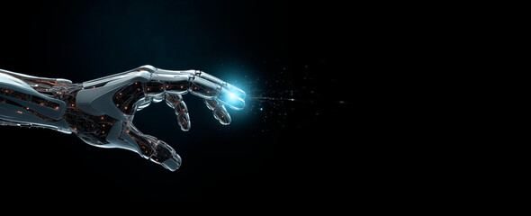 Naklejka premium Robot hand with luminous elements on a black background. Stylized robot hand. Copy space. Future technologies, robotics. Place for text