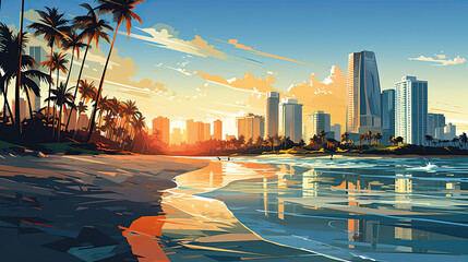 Illustrations of a beach with a big city with skyscrapers in the background - obrazy, fototapety, plakaty