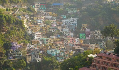 upper shot of kedarnath village on mountain hills