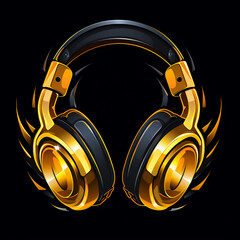 Ilustración con detalle de auriculares de tonos negros y dorados, con fondo de color negro