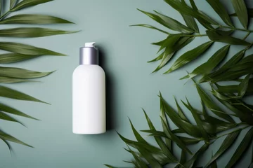 Fototapete Aesthetic flat lay with a blank cosmetic bottle and green leaves. AI generative © tiena