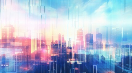 Bright holographic cityscape background