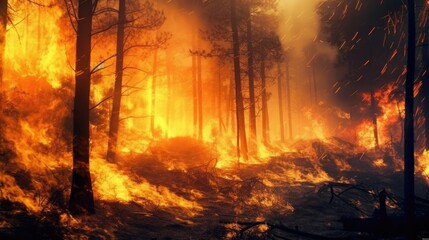 Forest on fire and environment damage and natural habitats, fire is everywhere and air pollution