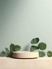 Product display podium with eucalyptus leaves, generative ai