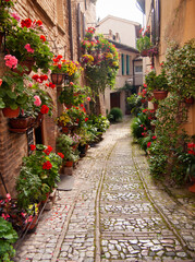 Italia, Umbria, il paese di Spello, una strada fiorita.