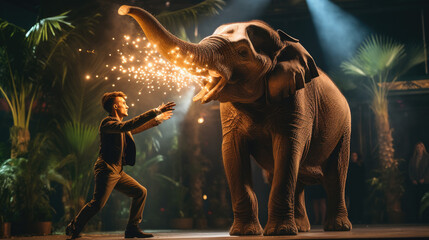 Fototapeta premium A magician casts a spell on an elephant