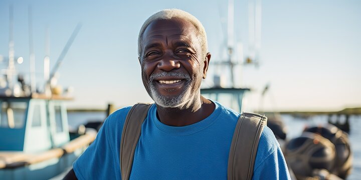 AI Generated. AI Generative. Senior male adult person face portrait fisherman captain at wooden dock boat location background outdoor. Graphic Art