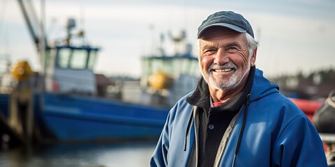 AI Generated. AI Generative. Senior male adult person face portrait fisherman captain at wooden dock boat location background outdoor. Graphic Art