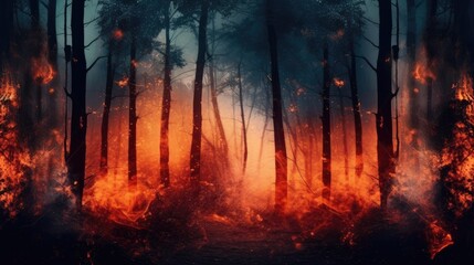 Forest on fire and environment damage and natural habitats, fire is everywhere and air pollution - obrazy, fototapety, plakaty