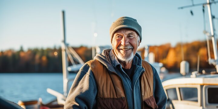AI Generated. AI Generative. Senior male adult person face portrait fisherman captain at wooden dock boat location background outdoor. Graphic Art