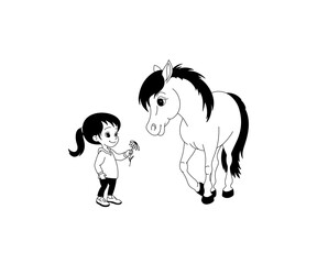 Cute little girl gives horse a flower, black and white, vector illustration