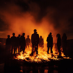 Obraz na płótnie Canvas Fondo con detalle de varias personas en la oscuridad, entre llamas