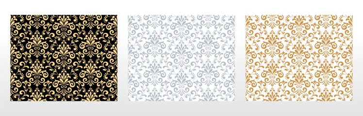 Wallpapers in the style of Baroque. Seamless vector backgrounds. Set of colored floral ornaments. Graphic patterns for fabric, wallpaper, packaging. Ornate Damask flower ornaments