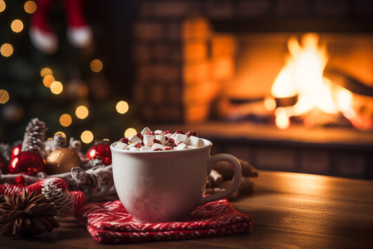 A mug of hot chocolate or coffee by the Christmas fireplace.