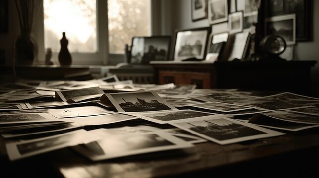 A table full of old photo collection prints black and white and an old room.