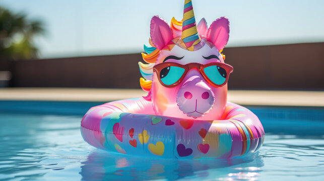 swimming inflatable ring in the pool, summer, hotel, vacation, weekend, blue clear water, resort, aqua, lifestyle, party, park, beauty, sun, bright light, pink, fun, rubber toy, unicorn