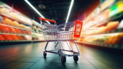Shopping in supermarket by supermarket cart in motion blur.