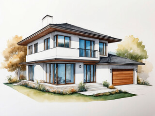 Watercolor of a two-story house in a condominium for architectural plans.