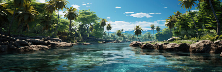 Obraz premium Eden's Echo: A Paradise Island Poster with Clear Water and Beach, Unveiling the Pristine Embrace of Nature's Secluded Serenity, Crafted by Generative AI