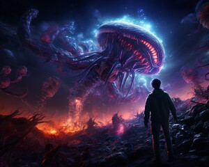 Science Fiction Szene - außerirdisches Wesen begegnet Menschen