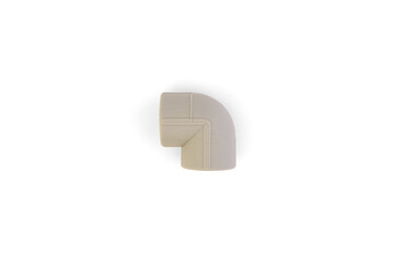 90 degree angle fitting for PVC pipes on white background.