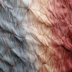 Fotografia con detalle de superficie textil peluda con varios tonos de color, con red sobre