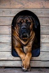 Obraz premium a big dog with his front paws in the opening of a doghouse