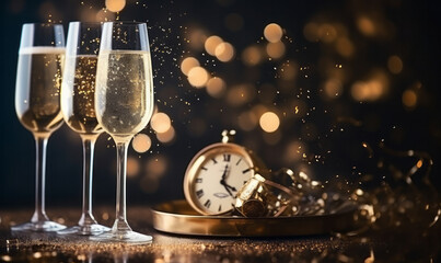 Fototapeta premium Happy new year background with champagne and a clock, count down to new year