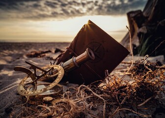 old, battered compass on sandy beach with open book with the sun behind