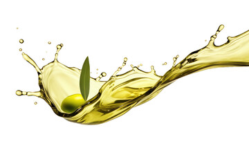 Isolated Olive oil splash in the air with an olive and an olive leaf on a cutout PNG transparent background - obrazy, fototapety, plakaty