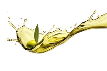 Fotobehang Isolated Olive oil splash in the air with an olive and an olive leaf on a cutout PNG transparent background © Ivan Guia