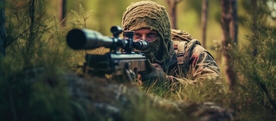 Sniper squad. Complete combat equipment. sniper rifle, camouflage uniform, ballistic vest sniper aiming at target. Masked sniper. - obrazy, fototapety, plakaty