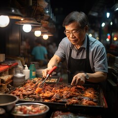 A image of Smiling Asian man selling fried chicken in a street food market. Generative AI